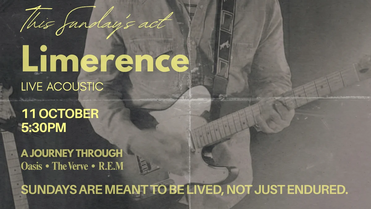 Brendan Abbott (Limerence), Live Music at Darleys Brasserie, Darley Abbey, Derby Limerence live acoustic poster with a black-and-white guitarist photograph, announcing Sunday 11 October at 5:30pm and music from Oasis, The Verve and R.E.M.