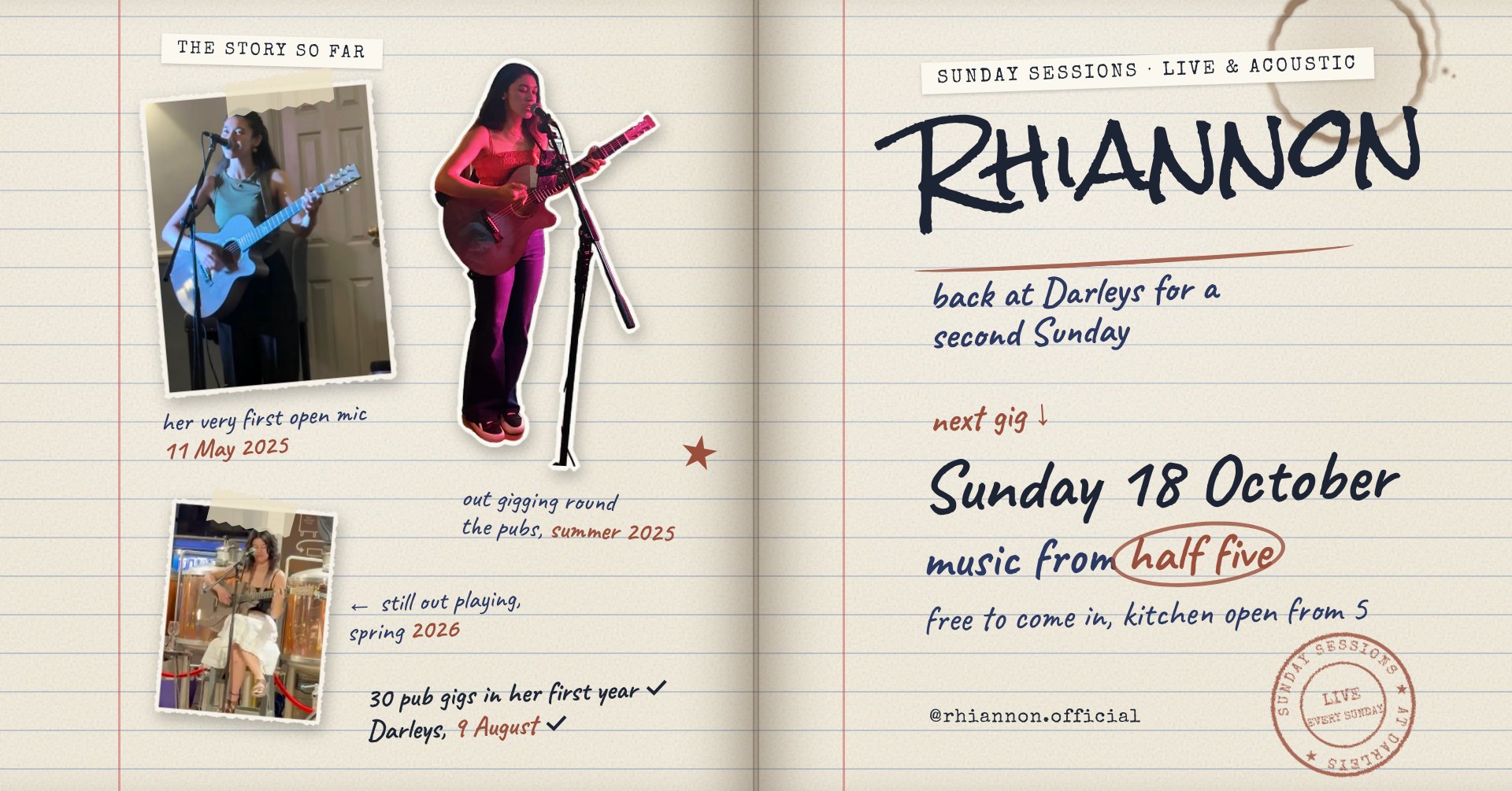 Rhiannon – Live Music at Darleys Brasserie, Darley Abbey, Derby Scrapbook-style poster for Rhiannon, live and acoustic at The Brasserie at Darleys on Sunday 18 October, music from half five, with photos of her singing and playing guitar.