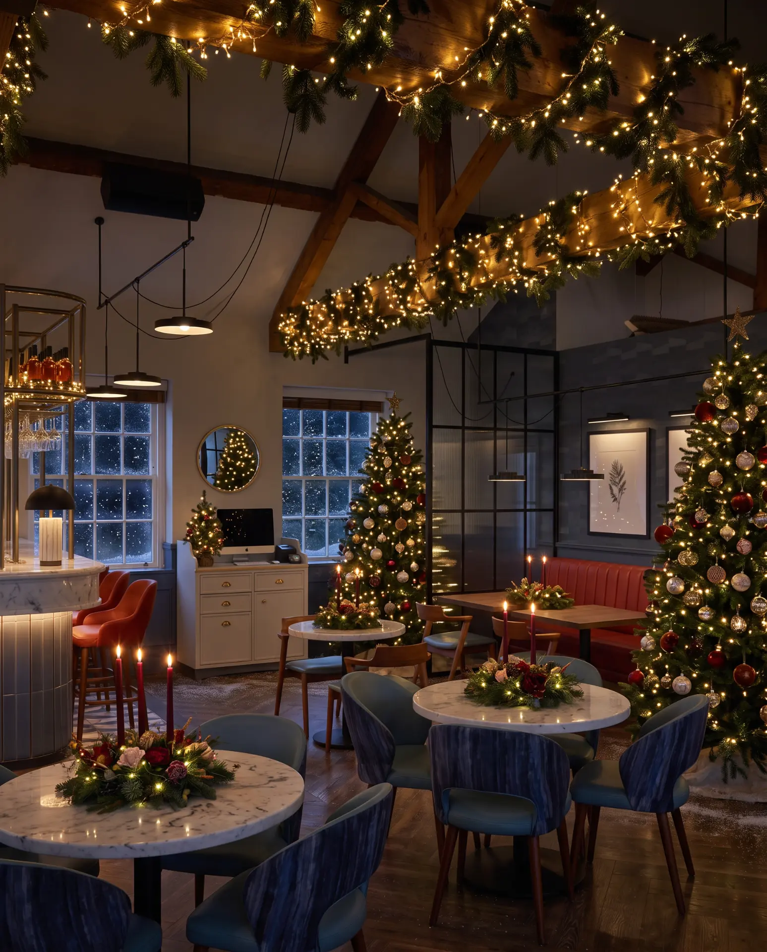 The Brasserie at Darleys dining room dressed for Christmas with twinkling fairy lights, garlands and festive trees