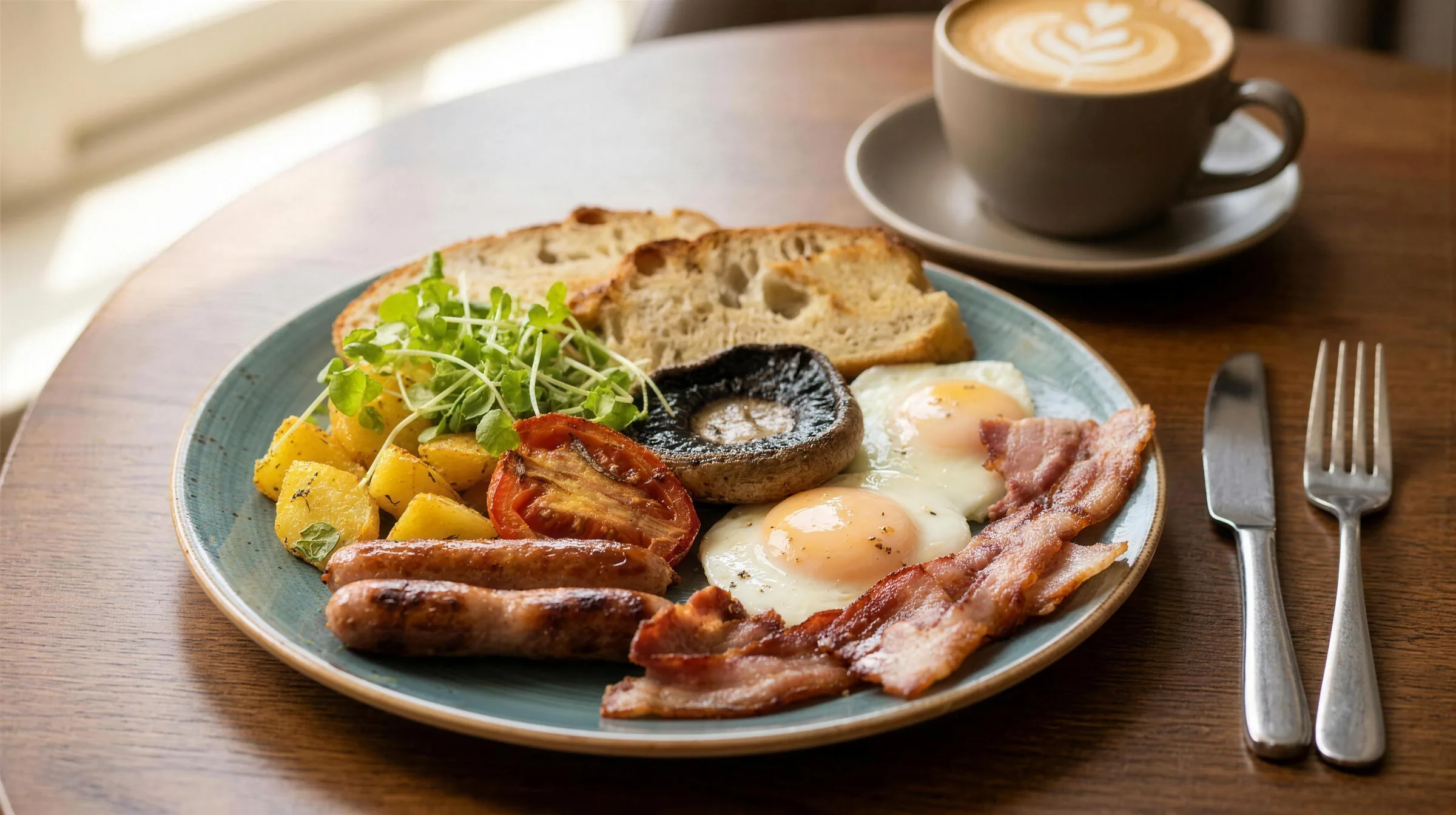 The Darleys Full English, styled for the camera: two chipolatas, crispy streaky bacon, two fried eggs, a roasted flat mushroom, slow-roasted tomato, Parmentier potatoes and toasted focaccia on a blue plate, with a flat white and a knife and fork on an oak table