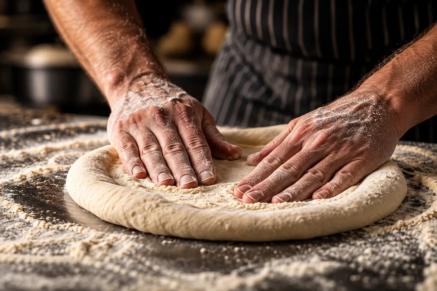 Floured hands opening a Fiamma dough ball by hand, pushing the air out to the crust
