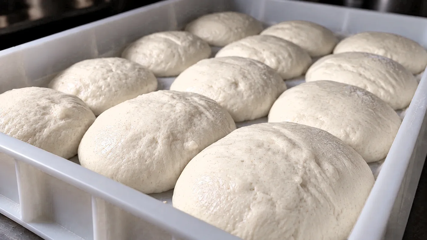 Trays of Fiamma dough balls proving, smooth and creamy white