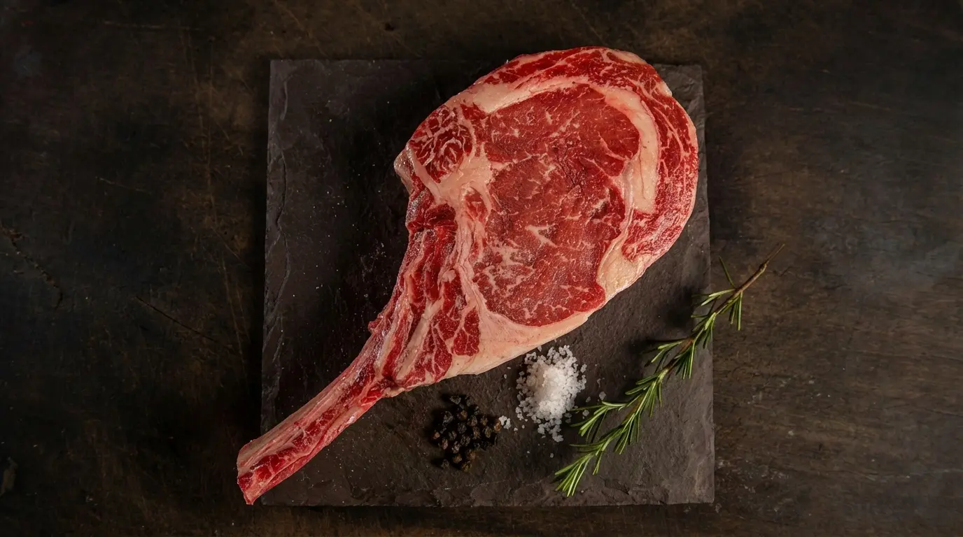 Raw bone-in tomahawk ribeye steak on a slate board with rosemary, sea salt and black peppercorns